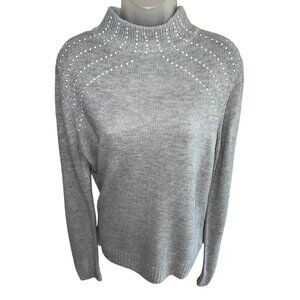 Juicy Couture Gray Sparkle Pearl Studded Mock Neck Knit Sweater With Rhinestone